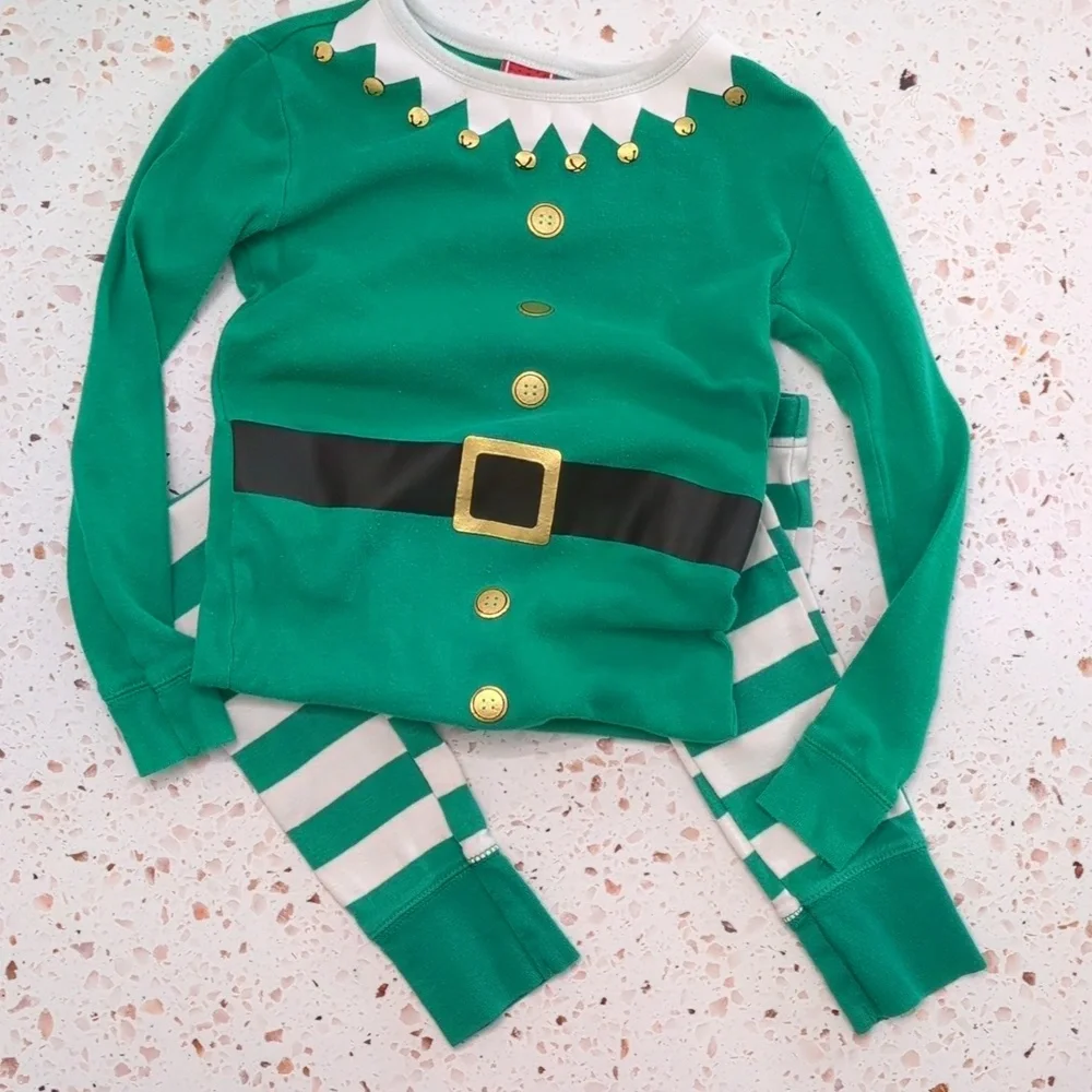 Christmas Elf Pajama Set Cotton Knit Green Stripe Gold Metallic Detail | 6